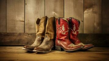 Cowboy hat and boots, wooden background, digital illustration. Generative AI photo