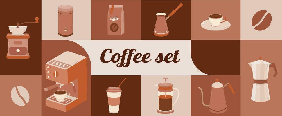Set of coffee elements. Coffee supplies icons. Maker, French press, pot, coffee machine, grinder, grains. Hand drawn modern Vector illustration