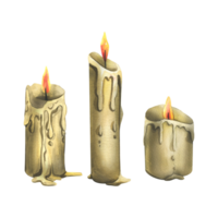 A simple candles with a burning flame, drops and smudges of wax. Hand drawn watercolor illustration for day of the dead, halloween, Dia de los muertos. Set of isolated objects png