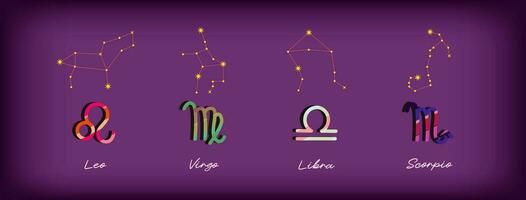 conjunto zodíaco señales, vistoso zodiacos, íconos para el diseño de esotérico con constelaciones, astrológico mapas, calendarios vector elementos en púrpura antecedentes. León Virgo Libra, Escorpión.