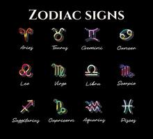 Set Zodiac signs, Colorful zodiacs, Icons for the design of Esoteric, astrologic maps, calendars. Vector elements on black background. The color of the element of the month.