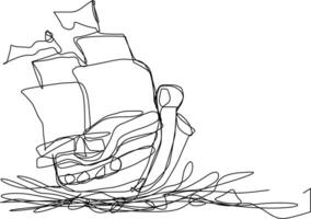 one line art. a ship in the sea vector