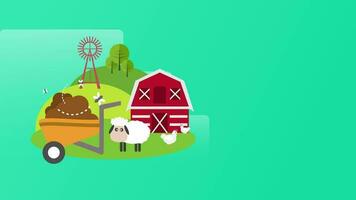 Farming or gardening concept. Moving characters harvest crops, water flowers and plow land on tractor. Traditional farm with barns and sheds. Promo for game. Graphic colorful animated cartoon video