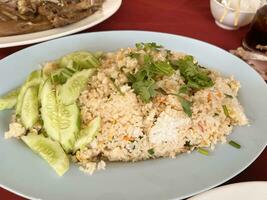 thai rice with fried chicken on plate photo