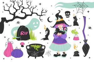 Big set vector illustrated Witch elements. For your Halloween party. Sticker pack of Halloween cartoon elements. Scary items, symbols and signs.