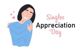 Happy young girl hugging herself with love. Self love. Singles awareness day vector