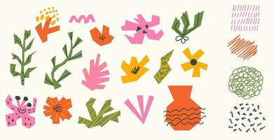 Abstract floral elements. Cut out textured flowers and leaf. Hand drawn texture. Botanical shape in modern style. vector