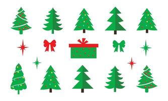 Vector set of cartoon Christmas trees, pines for greeting card, invitation, banner, web. New Years and xmas traditional symbol tree with garlands, light bulb, star. Winter holiday. Icons collection.