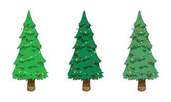 vector conjunto de dibujos animados de árboles de Navidad, pinos para tarjeta de felicitación, invitación, banner, web. año nuevo y árbol de símbolo tradicional de Navidad con guirnaldas, bombilla, estrella. vacaciones de invierno. colección de iconos.