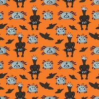 Seamless Halloween pattern on an orange background - black cat, bats and spiders. Vector doodle cartoon illustration