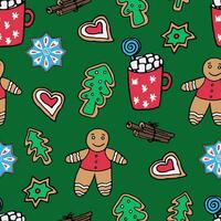 Seamless pattern of Christmas sweets on a dark green background - gingerbread, cookies, hot chocolate, cinnamon. Vector doodle illustration for packaging, web design