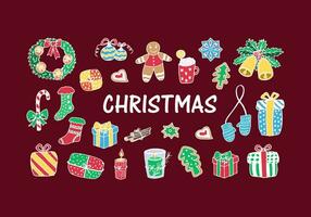 Set of Christmas elements with white outline on burgundy background, vector doodle illustration. Wreath, cookies and gingerbread, hot chocolate, Christmas balls, candles, bells, gifts, sugar cane