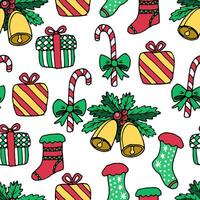 Seamless pattern of Christmas decorations on a white background - gifts, bells, socks, sugar cane. Vector doodle illustration for packaging, web design