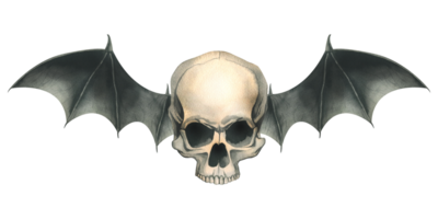 Front view human skull with black bat wings for death day holiday and halloween. Watercolor illustration, hand drawn. Isolated composition png