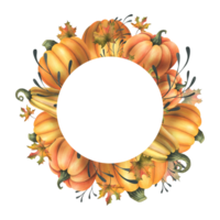 Orange autumn pumpkins with maple leaves and twigs. Watercolor illustration, hand drawn. Circle, round frame, wreath, template png