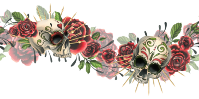 Human skulls with an ornament, red roses in a golden crown, branches. Hand drawn watercolor illustration for Halloween, day of the dead, Dia de los muertos. Seamless board png