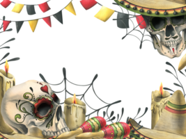 Human skulls with a sombrero hat, maracas, garland flags, candles and cobwebs. Hand drawn watercolor illustration for day of the dead, halloween, Dia de los muertos. Template png