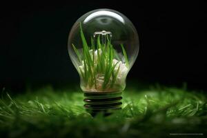 Light bulb and grass, smart energy consumption concept, digital illustration. Generative AI photo