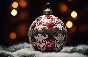 Red Christmas tree ball, bokeh background. Generative AI photo