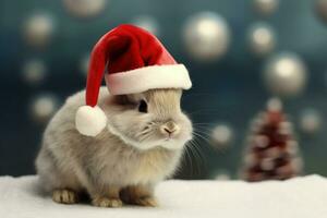 Rabbit in Santa Claus hat, Christmas holiday concept. Generative AI photo