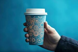 Hand holding coffee cup with gears, blue background, digital illustration. Generative AI photo