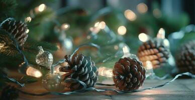 Christmas background with pine cones and pine branches, bokeh background. Generative AI photo