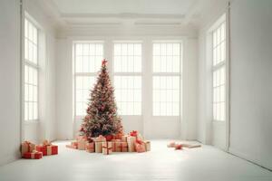 Christmas tree and gifts in a white room, christmas concept, digital illustration. Generative AI photo