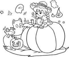 Hand drawn kawaii halloween coloring book illustration vector