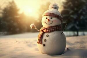 Snowman in hat and scarf, christmas concept, bokeh background. Generative AI photo