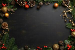 Christmas decoration on blackboard background, space for writing, digital illustration. Generative AI photo
