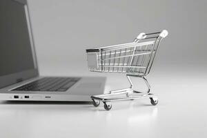 Illustration of shopping cart and laptop, online stores concept, background. Generative AI photo