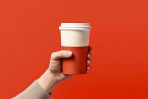 Hand holding coffee cup, red background. Generative AI photo