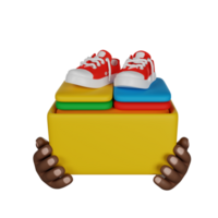 Clothes donation. Sharing clothes to people. Hands holding box full of clothes. 3D render icon. png