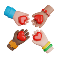 internationell volontär- dag. grupp av volontärer händer håll hjärtan. 3d framställa ikon. png