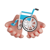 International Volunteer Day. Hands hold wheelchair. Take care of disabled people. 3D render icon. png