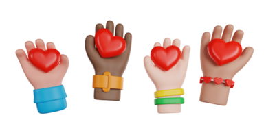 International Volunteer Day. Group of Volunteers hands holdind hearts. 3D render icon. png