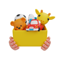 doar caixa é preenchidas com crianças brinquedos. Socorro para crianças, Apoio, suporte para crianças. 3d render ícones. png