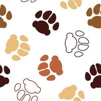 Dog paw prints seamless pattern. Cute brown pet footprints silhouettes on white background. Vector illustration.