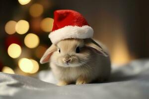 Rabbit in Santa Claus hat, Christmas holiday concept. Generative AI photo