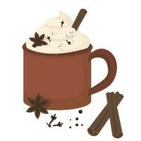 Pumpkin spice latte with whipped cream in the red cup. Seasonal illustration of drink with cinnamon, star anise and clove on white background. vector