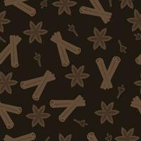 Seamless autumn pattern with cinnamon sticks, anise stars and clove seeds. Seasonal illustration on dark brown background. vector