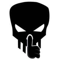 schwarz Schädel Charakter halten Hand in der Nähe von Mund Schweigen. shhh Symbol png