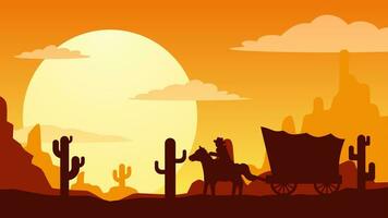Sunset in the wild west desert landscape vector illustration. Cowboy with wagon in the wild west desert landscape. American desert landscape for background, wallpaper or landing page