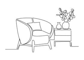 Continuous one line drawing of armchair and with potted plants. Scandinavian stylish furniture in simple linear style. Vector illustration