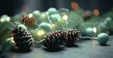 Christmas background with pine cones and pine branches, bokeh background. Generative AI photo