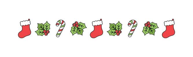 Christmas themed decorative border and text divider, Christmas Stocking, Candy Cane and Mistletoe Pattern. Vector Illustration.