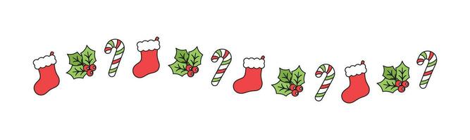 Christmas themed decorative wavy line border and text divider, Christmas Stocking, Candy Cane and Mistletoe Pattern. Vector Illustration.