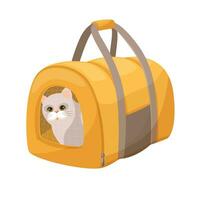 Cat in a carrier. Soft bag for traveling with pets or visiting the vet. Gray cat in a transport box or cattery. Flat style vector