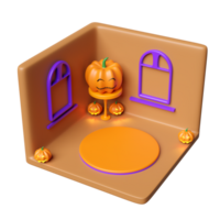 3d isometric room for halloween holiday party with cylinder stage podium empty, pumpkin head on round table isolated. 3d render illustration png