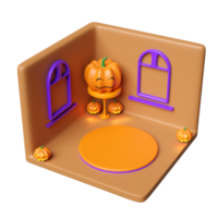 3d isometrische kamer voor halloween vakantie partij met cilinder stadium podium leeg, pompoen hoofd Aan ronde tafel geïsoleerd. 3d geven illustratie png